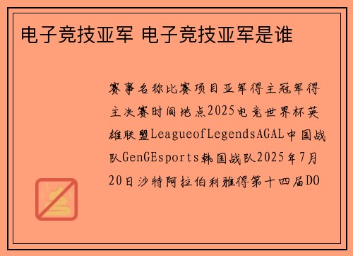 电子竞技亚军 电子竞技亚军是谁